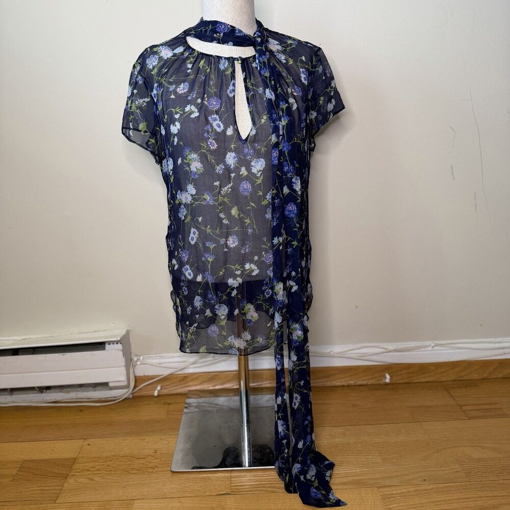 Prabal Gurung 100% Silk Sheer Floral Tie Neck Blouse Blue Black 8 READ Lux Paris